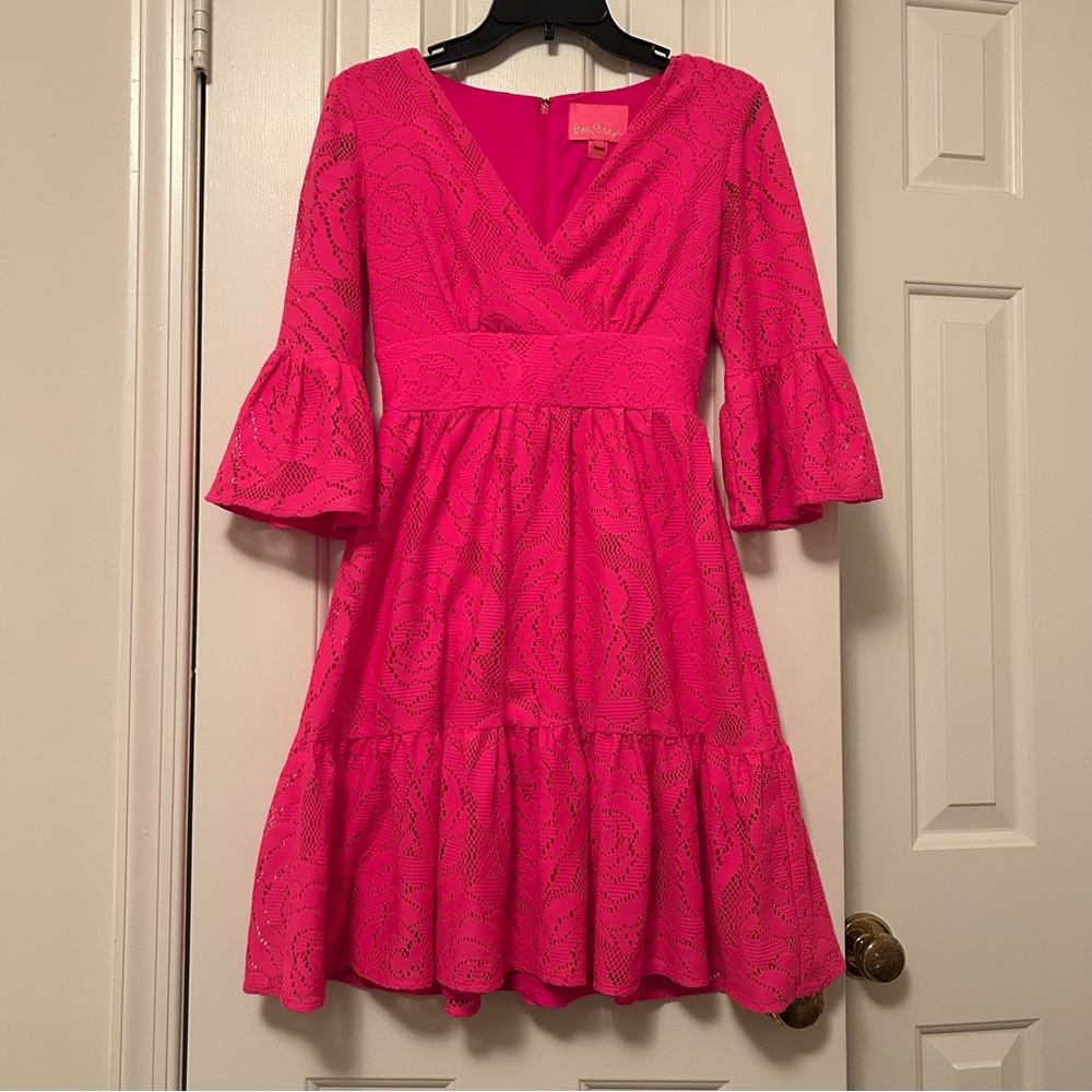 Lilly Pulitzer Cecelia Lace Dress Pink Tango Bungalow Blossom Size 00